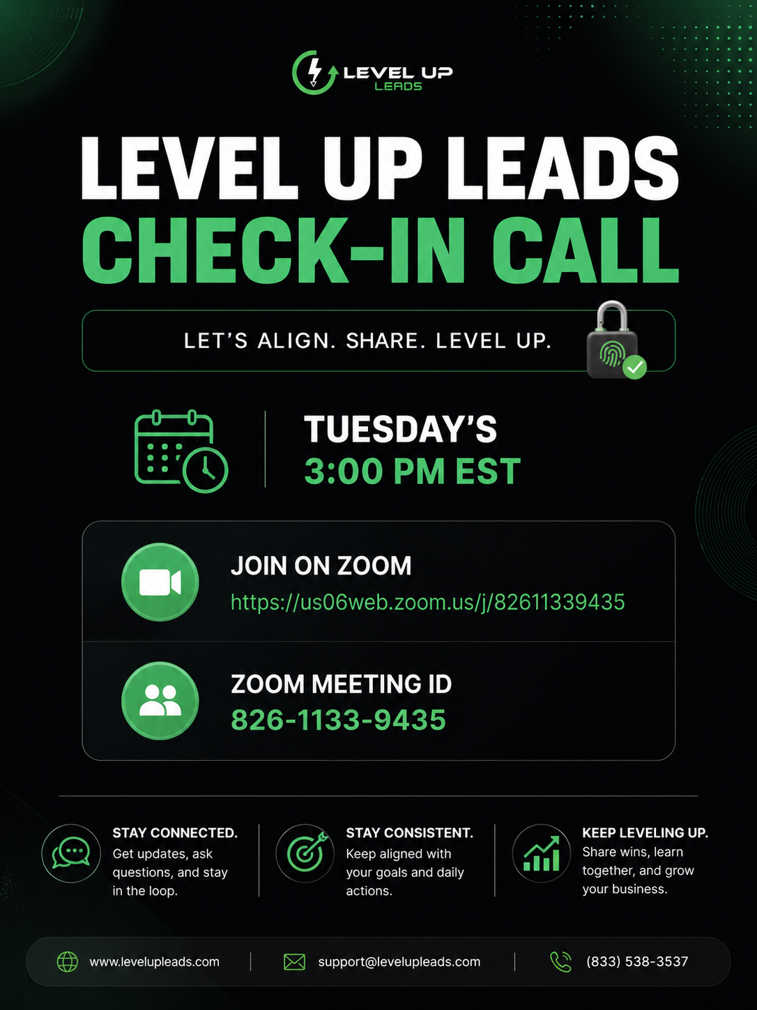Level Up Leads weekly check-in call — Tuesdays 3PM EST on Zoom